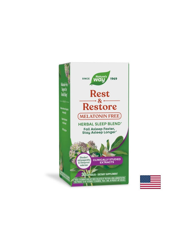 Rest & Restore – Билкова формула за сън с валериана и ашваганда, 30 капсули